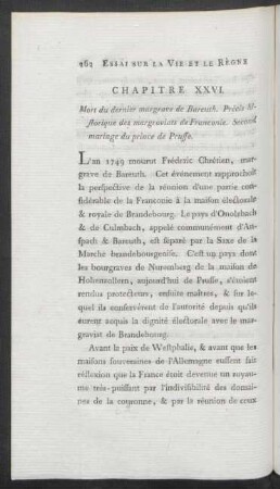 Chapitre XXVI. Mort du dernier margrave de Bareuth. Précis historique des margraviats de Franconie. Second mariage du prince de Prusse