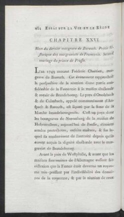 Chapitre XXVI. Mort du dernier margrave de Bareuth. Précis historique des margraviats de Franconie. Second mariage du prince de Prusse