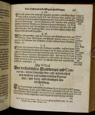 Der III. Titul. Von verbindlichen Handlungen und Conracten, deren Unterscheiden und insonderheit von wahren und nahmentlichen Contracten und deren anderweitigen Unterscheidung.