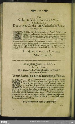 Lit. T. num. 3. Dem Ehrn-Vesten Bernßfeldten von der Tinnen, Unserm Guten Freund : Thumb-Dechant und Capittel der Kirchen zu Münster