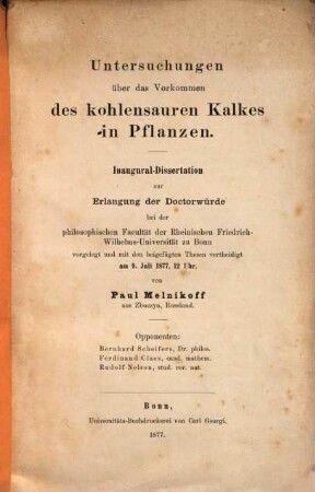 Untersuchungen über das Vorkommen des kohlensauren Kalkes in Pflanzen : Inaugural-Dissertation
