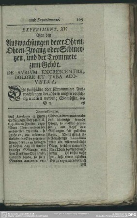 Experiment. XV. Von den Auswachsungen derer Ohren, Ohren-Zwang oder Schmertzen, und der Trommete zum Gehör