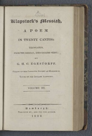 Volume III: Klopstock's Messiah : A Poem In Twenty Cantos