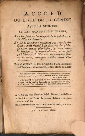 Accord du livre de la Genèse avec la géologie ...