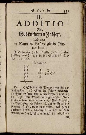 II. Additio Der Gebrochenen Zahlen.