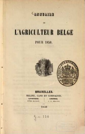 Annuaire de l'agriculteur belge : pour ... 1850, 1850