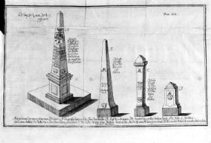 Abzeichnung der neuen steinernen Postsäulen : Dietze, Johann Jacob: Abzeichnung der neuen steinernen Postsäulen ... Kupferstich; 170 x 202 mm (Blattgröße). Seite 203 Num. XVII aus: Schramm, Carl Christian: Saxonia Monumentis Viarum Illustrata Hoc est De Statuis Mercurialibus Columnis Brachiatis Ac Milliaribus ... Vitembergae: Ludovicus, 1726. Dresden: SLUB Hist.Sax.M.251