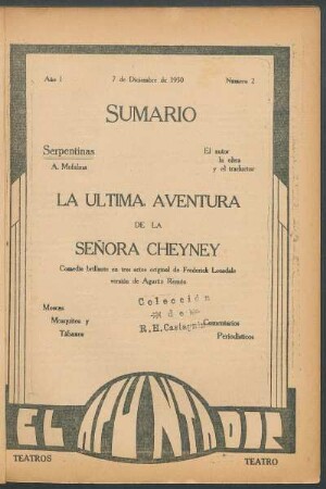 1930000200: La última aventura de la señora Cheyney : comedia brillante en tres actos