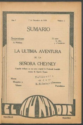 1930000200: La última aventura de la señora Cheyney : comedia brillante en tres actos