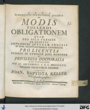 Dissertatio Inauguralis Juridica De Modis Tollendi Obligationem
