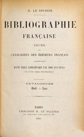 Bibliographie française. 3. 1896 = Ged - Lec