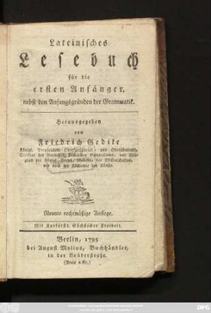 Lateinisches Lesebuch für die ersten Anfänger : nebst den Anfangsgründen der Grammatik