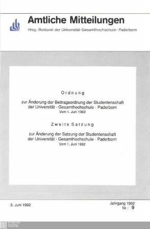 Ordnung zur Änderung der Beitragsordnung der Studentenschaft der Universität - Gesamthochschule - Paderborn : vom 1. Juni 1992