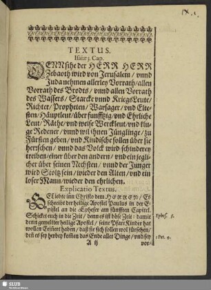Leichenpredigt : Denn sihe, der Herr Herr Zebaoth wird Jerusalem, unnd Juda nehmen allerley Vorrath, allen Vorrath des Brodts, unnd allen Vorrath des Wassers, ...