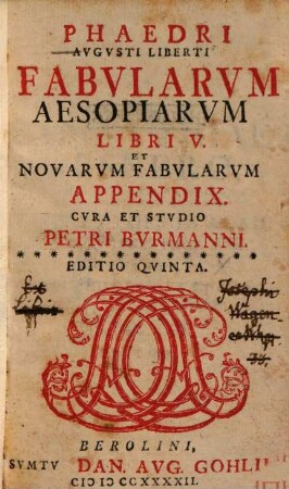 Fabularum Aesopiarum Libri V. et novarum fabularum appendix