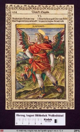 Erzengel Raphael mit einem Stock, im Hintergrund Tobias mit dem Fisch.