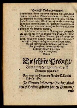 Die sechste Predigt/ Vom ampt der Ehemenner und Eheweiber gegenander.