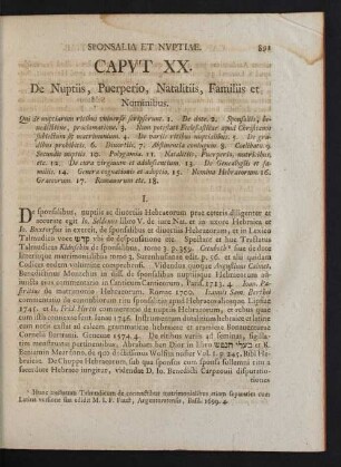 Caput XX. De Nuptiis, Puerperio, Natalitiis, Familiis et Nominibus