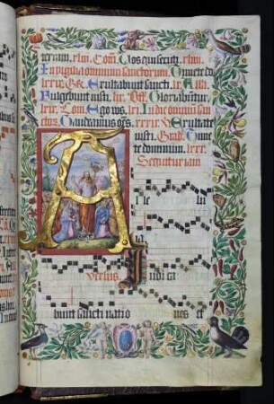 Zierseite mit Bordürenrahmen, Initiale mit Miniatur: A(lleluia): Versammlung der Heiligen