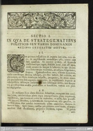 Sectio I. In Qua De Strategematibus Politicis Seu Variis Dominandi Artibus Generatim Agitur