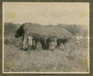 Europäer und Afrikaner beim Dachaufbau einer Hütte