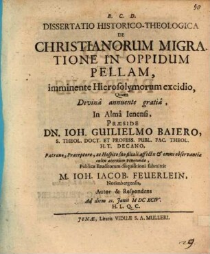 Dissertatio historico-theologica de Christianorum migratione in oppidum Pellam, imminente Hierosolymorum excidio