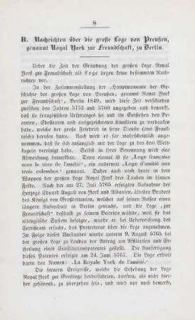 B. Nachrichten über die große Loge von Preußen, genannt Royal York zur Freundschaft, zu Berlin.