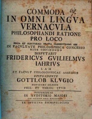 De commoda in omni lingva vernacvla philosophandi ratione