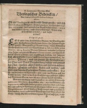 D. Leonhardi Hutteri Sel. Theologisches Bedencken/ Aus seinem Calvinista Aulico-Politico altero.