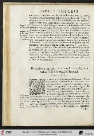 Cap. XII. Il conoscere la proprietà delle cose naturali e necessario alla bellezza dell' Imprese