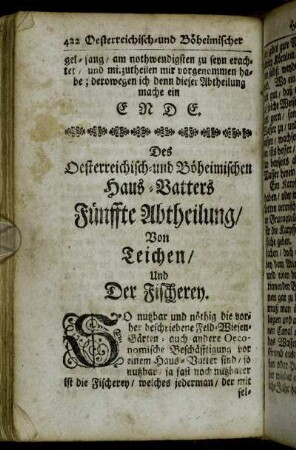 Des Oesterreichisch- und Böheimischen Haus-Vatters Fünffte Abtheilung/ Von Teichen/ und Der Fischerey