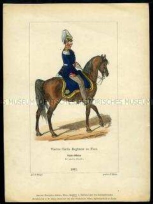 Uniformdarstellung, Stabsoffizier des 4. Garde-Regiments zu Fuß in Parade und zu Pferd, Preußen, 1861. Aus: Der Soldatenfreund.