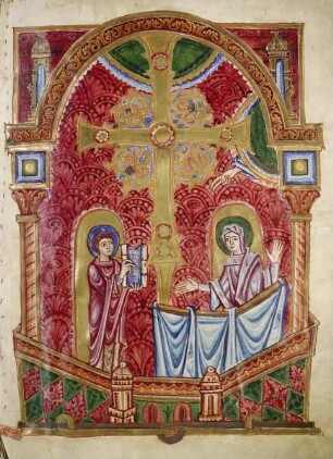 Bernward-Bibel — Der heilige Bernward überreicht seine Bibel der Jungfrau Maria, Folio fol. 1r
