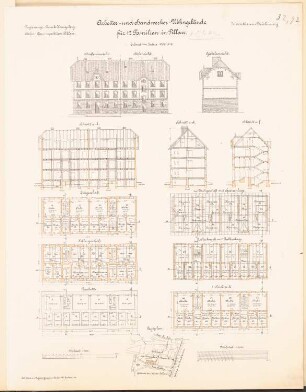 Beamten-, Arbeiter- und Handwerkerwohnhaus, Pillau: Lageplan 1:2000, Ansichten, Grundrisse, Schnitte 1:200