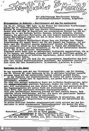 4.1982: Streiflichter der Arbeitsgruppe Umweltschutz Leipzig am Stadtjugendpfarramt Leipzig