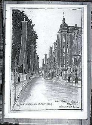 Buchner, Georg W.; München; Festdekoration zum Tag der Deutschen Kunst - Entwurf für Festdekoration in der Königinstraße / Ecke Giselastraße (Ansicht)