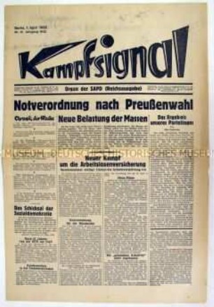 Wochenzeitung der Sozialistischen Arbeiterpartei Deutschlands (SAPD) zu den Notverordnungen