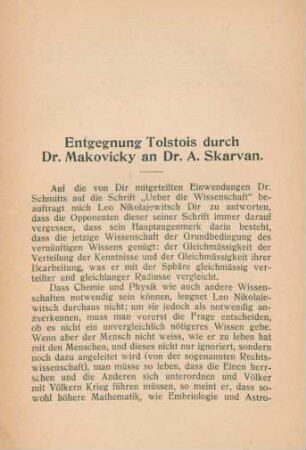 Entgegnung Tolstois durch Dr. Makovicky an Dr. A. Skarvan