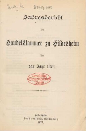1876: Jahresbericht der Handelskammer zu Hildesheim