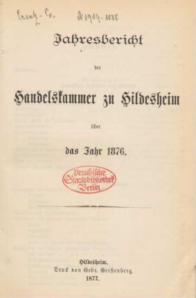 1876: Jahresbericht der Handelskammer zu Hildesheim