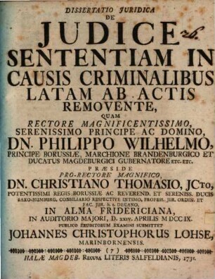 Dissertatio iuridica de iudice sententiam in causis criminalibus latam ab actis removente