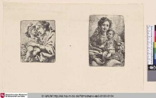 rechts: [Maria mit dem Kind auf dem Schoß, seinen rechten Fuß haltend; Virgin and Child, sitting front view]