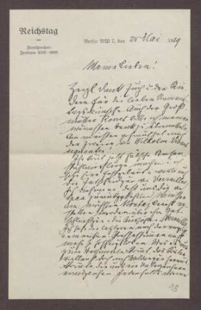 Schreiben von Constantin Fehrenbach, Weimar, an Elisabeth Rosset, erste Eindrücke aus Versailles und Sorgen über die Haltung der Alliierten