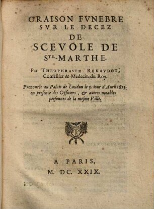 Oraison Funebre De Scevole De Sainte-Marthe ...