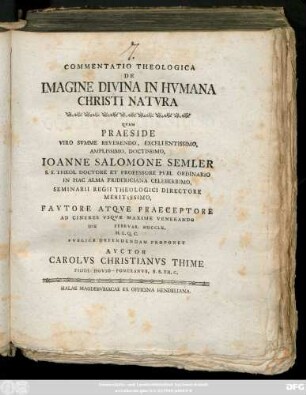 Commentatio Theologica De Imagine Divina In Hvmana Christi Natvra