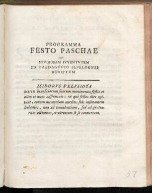 Programma Festo Paschae Ad Stvdiosam Ivventvtem In Paedagogio Ilfeldensi Scriptvm : Ipsis paschae feriis, Anno MDCCXI.