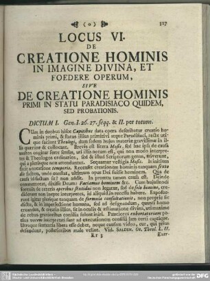 Locus VI. De Creatione Hominis In Imagine Divina, Et Foedere Operum, Sive De Creatione Hominis Primi In Statu Paradisiaco Quidem, Sed Probationis