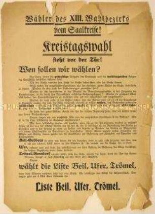 Programmatischer Wahlaufruf zur Unterstützung der Liste Beil - Ufer - Trömel bei den Kreistagswahlen im Saalkreis