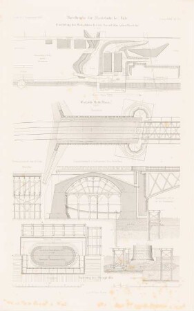 Moselbrücke der Staatsbahn, Koblenz-Güls: Lageplan, Grundriss, Längsschnitt, Details (aus: Atlas zur Zeitschrift für Bauwesen, hrsg. v. F. Endell, Jg. 31, 1881)