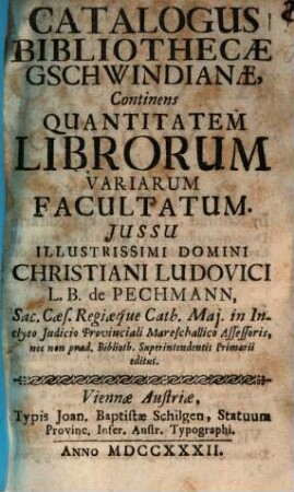 Catalogus Bibliothecae Gschwindianae
